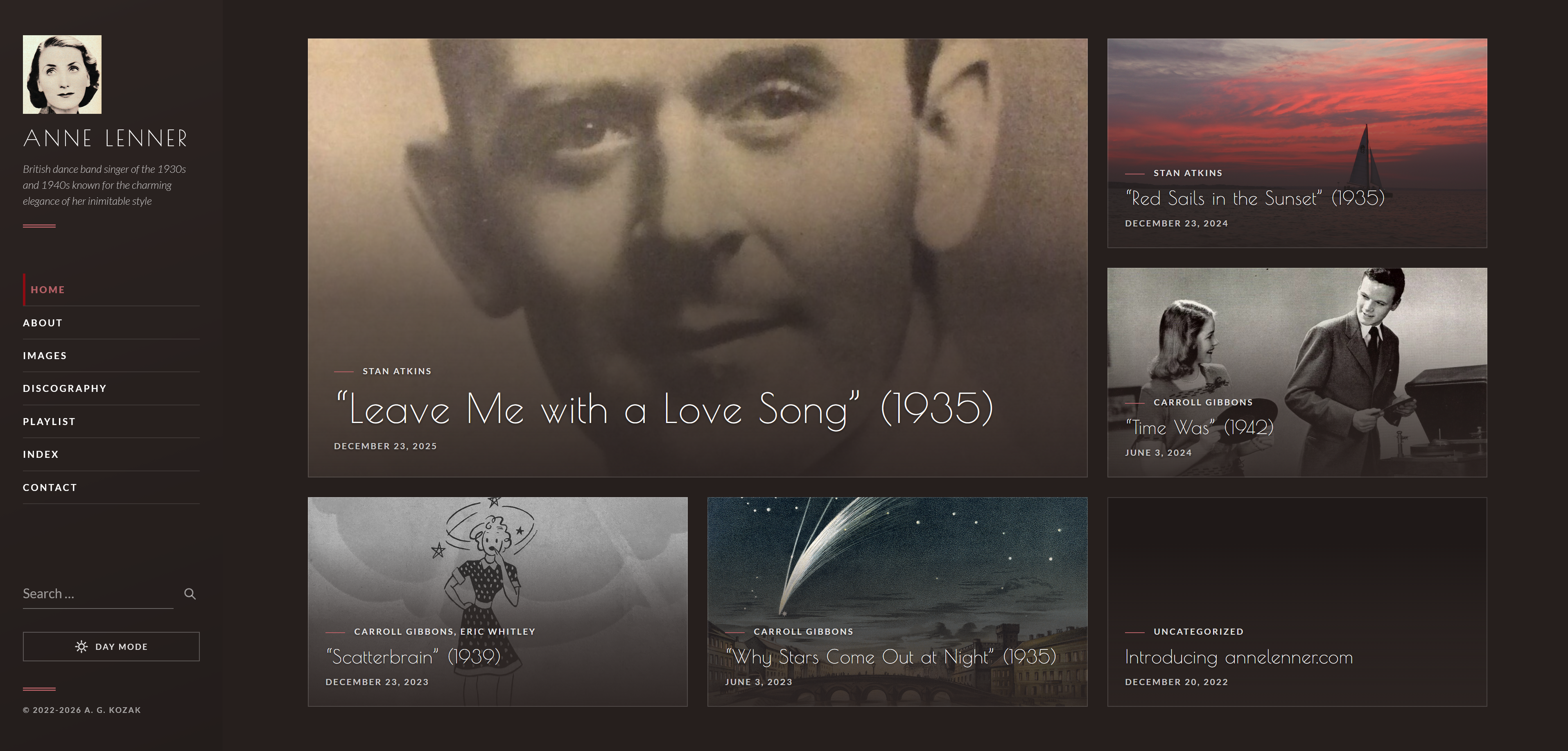 Photo of website with photo tiles representing songs sung by English dance band singer Anne Lenner.