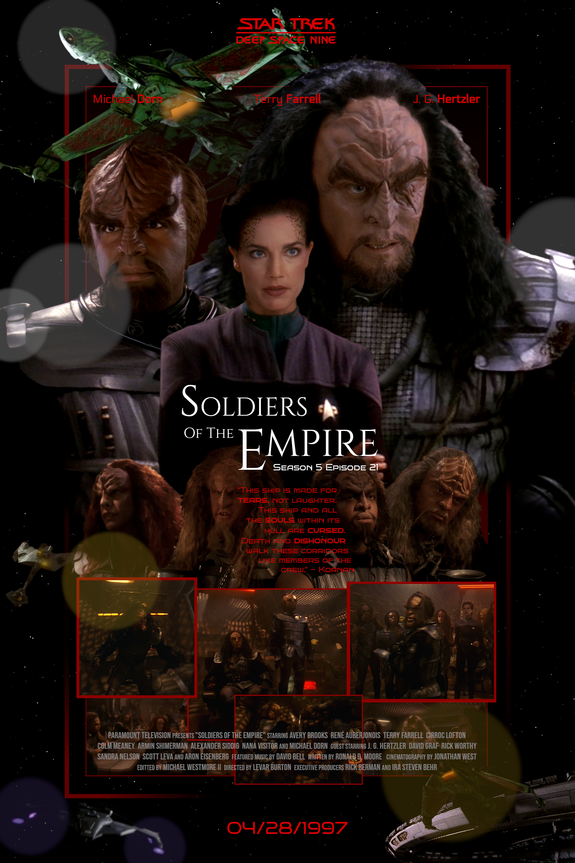 A fan poster for the Star Trek Deep Space Nine episode Soldiers of the Empire, featuring the large faces of General Martok, Commander Worf, and Jadzia Dax in the upper half of the poster, the faces of the Klingon members of a Bird-of-Prey's crew in the middle, and beneath them are scenes from the episode.