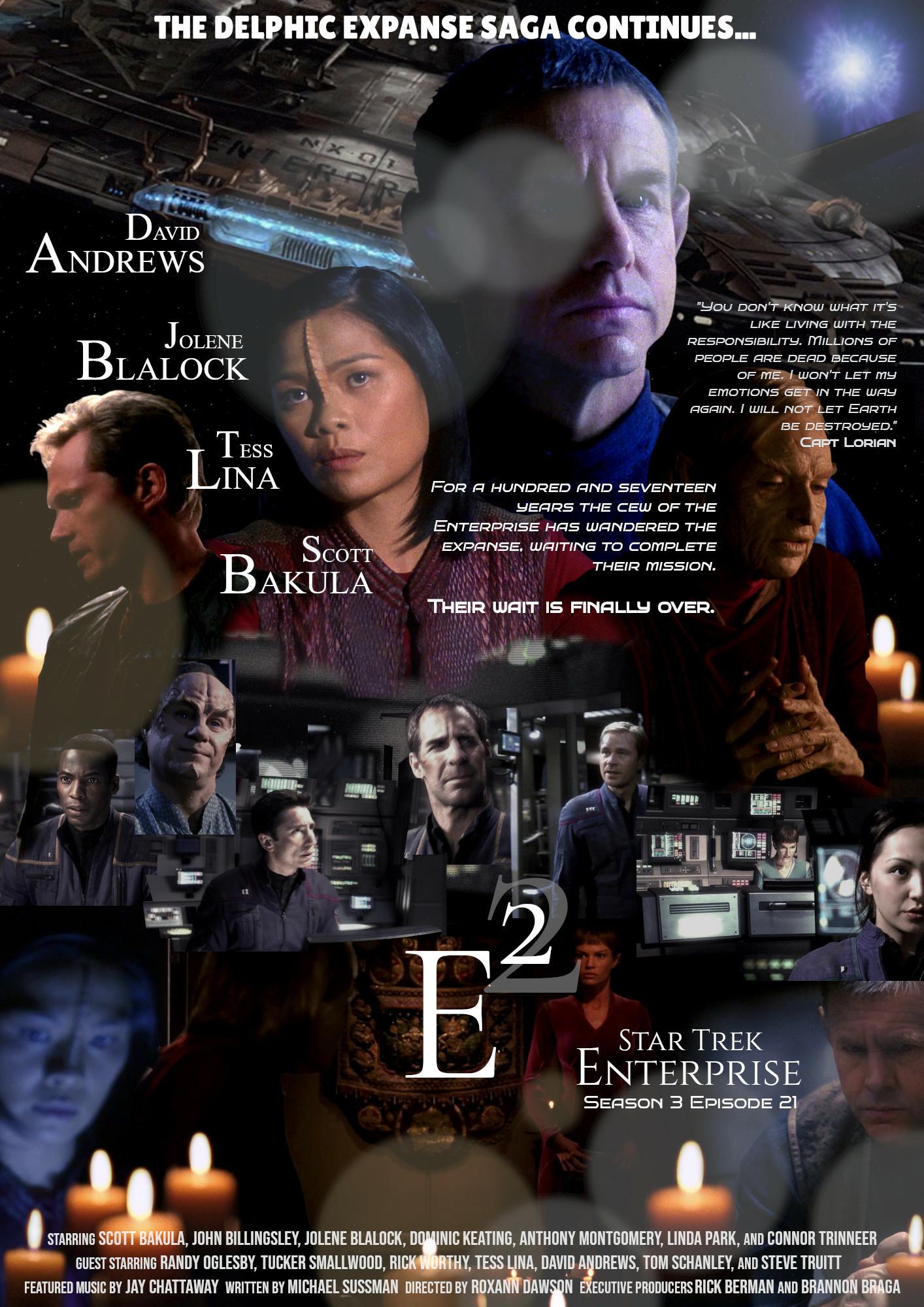 Poster for the Enterprise episode E²

It's a dense montage of scenes/characters from the episode in primarily blue and black. The lower half shows lit candles in four places around the border