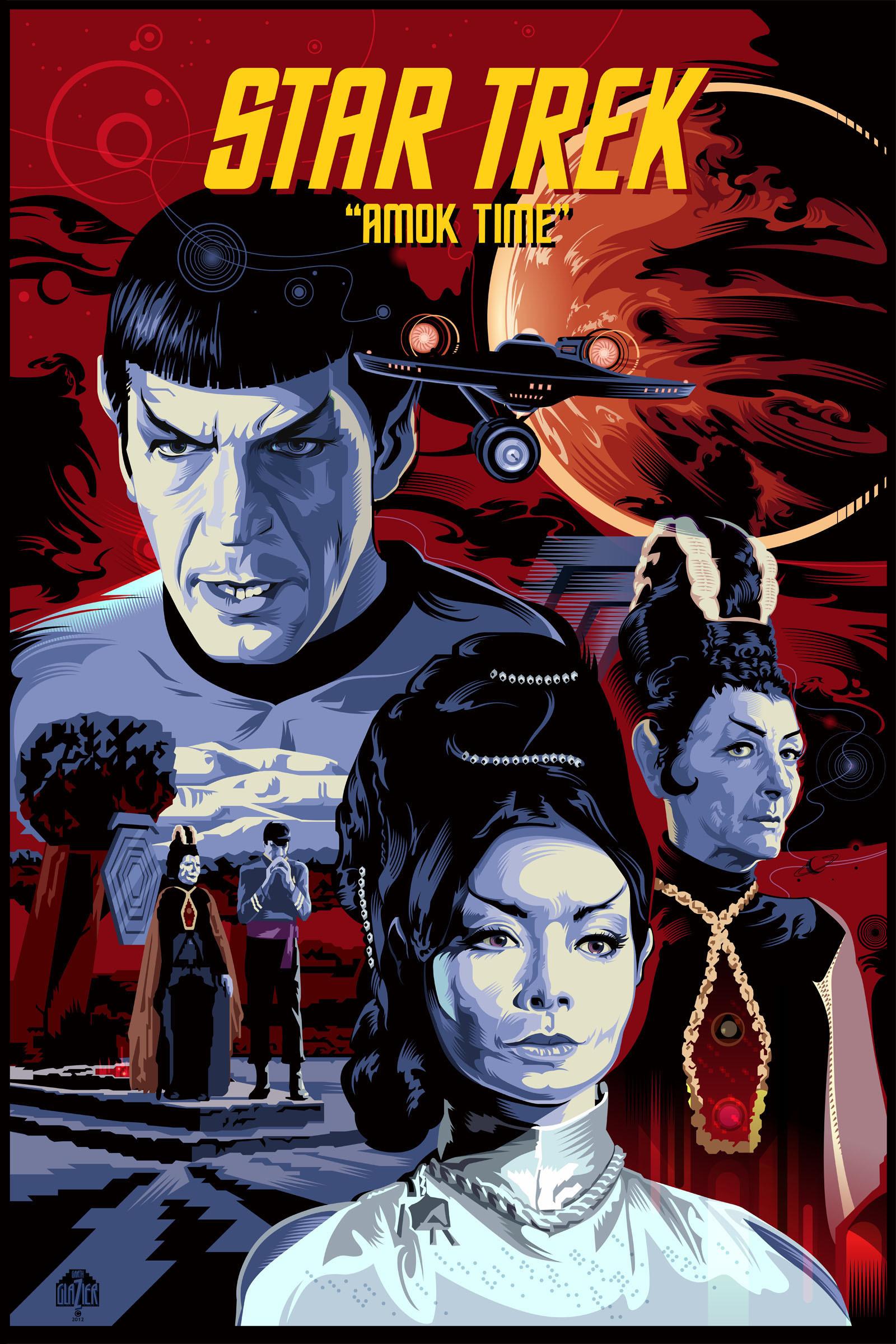 Artist: Garth Glazier

Source:
- https://www.behance.net/gallery/4399535/STAR-TREK-Poster-Amok-Time
- https://www.garthglazierarts.com/
- https://www.directoryofillustration.com/artist.aspx?AID=8667

A blue and red on black poster for the Star Trek episode Amok Time, featuring blue toned portraits of Spock, his betrothed T'Pring, and a Vulcan matriarch against a red background. The Enterprise can be seen orbiting a planet in the upper right. From artist's website: Star Trek poster illustration in a graphic style using only bright flat colors in vector. Features science fiction film stars Leonard Nimoy as Spock and William Shatner as Captain Kirk. This is a film poster featuring people, characters in costume, an alien planet, a space ship, a moon, an alien world, and alien men and women as Vulcans.