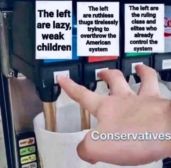 A close-up photograph of a beverage dispenser with three visible buttons, each featuring a white label with black text. The first button reads, "The left are lazy, weak children"; the second says, "The left are ruthless thugs tirelessly trying to overthrow the American system"; and the third states, "The left are the ruling class and elites who already control the system". A hand is shown pressing the first button. Large white text at the bottom of the image reads, "Conservatives". White disposable cups are positioned underneath the dispensing nozzles.