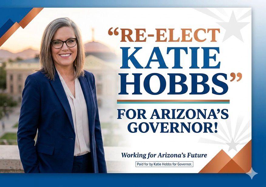 Re-elect Katie Hobbs for Arizona's governor

Working for America's future 

Paid for by Katie Hobbs for Governor

Photo a shining Katie Hobbs on the left: straight blind hair, thin-rimned glasses, white blouse under a baby blue blazer, hands presumably in her pockets.