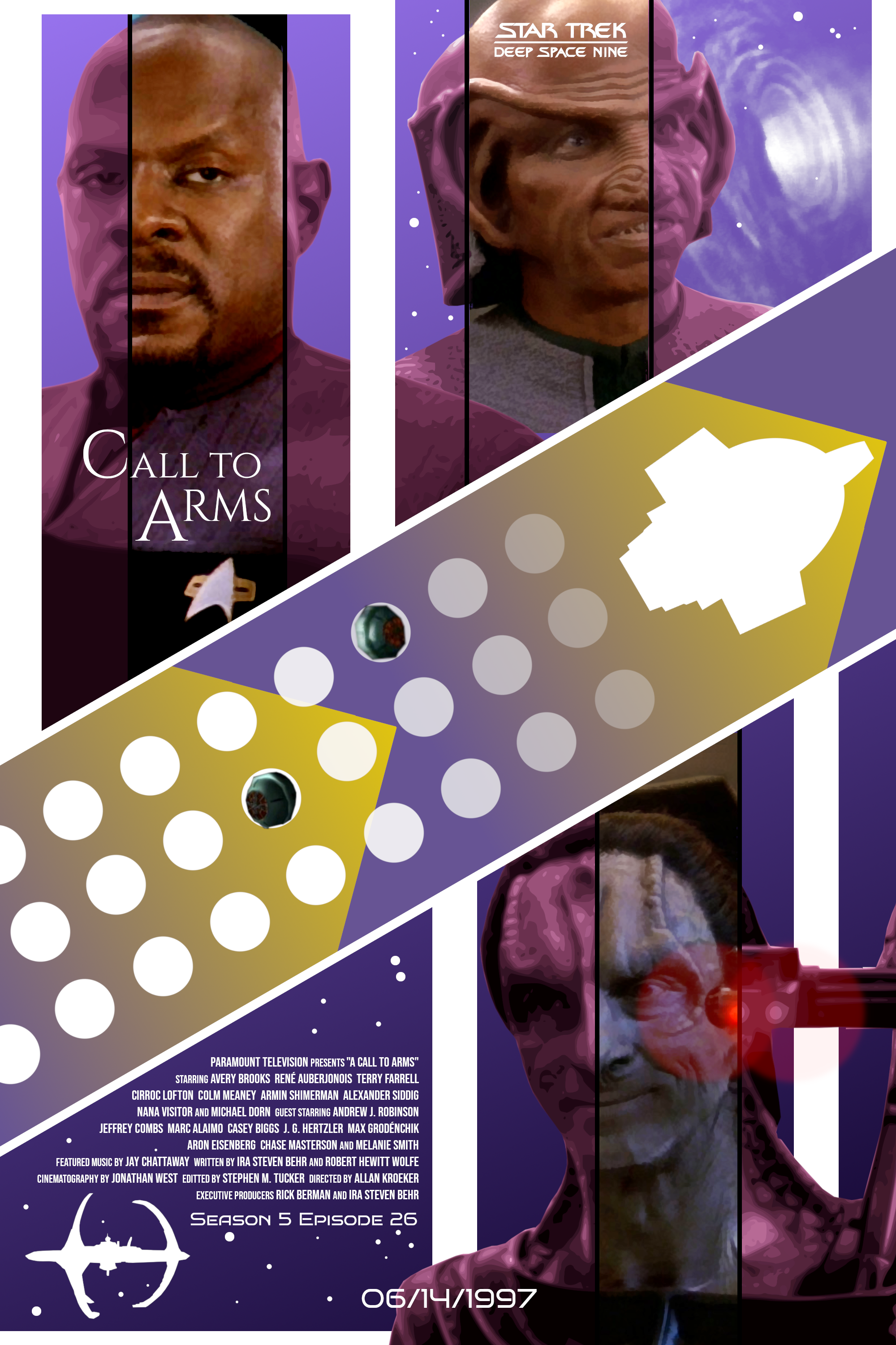 A mostly purple poster for the Star Trek Deep Space Nine episode Call to Arms, featuring the faces for Sisko, Rom, and Gul Dukat (smiling so the situation is bad) at the top and bottom of the poster. In the middle is a diagonal purple bar with a white silhouette of the Defiant, with white circles behind it.