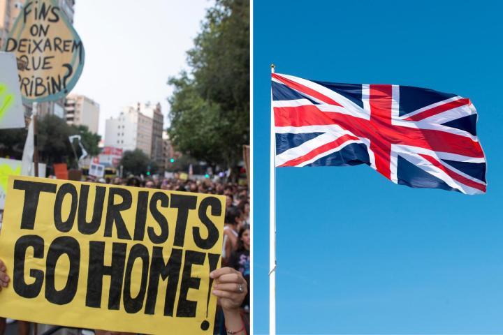Manifestación en contra del turismo en masa en Mallorca y una bandera de Reino Unido (Getty Images)
