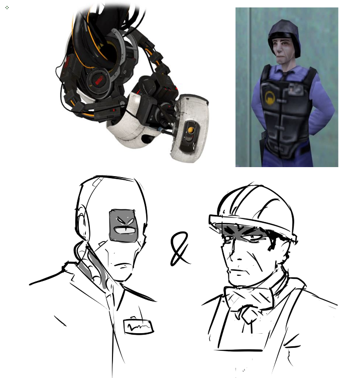 Two characters, a robot scientist and a human engineer, with personalities / design motifs inspired by GLaDOS and Barney Calhoun from Portal and Half-Life respectively