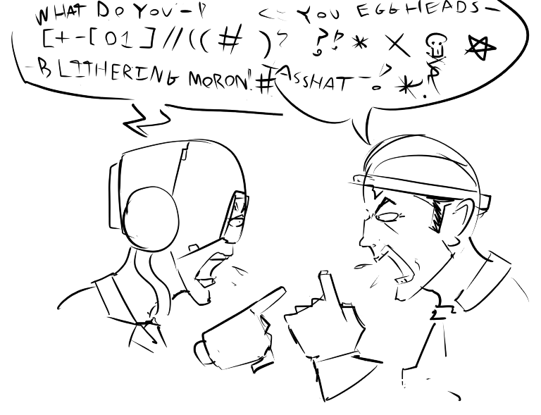 Two characters with a GLaDOS/Barney character dynamic hurling profanity at one another