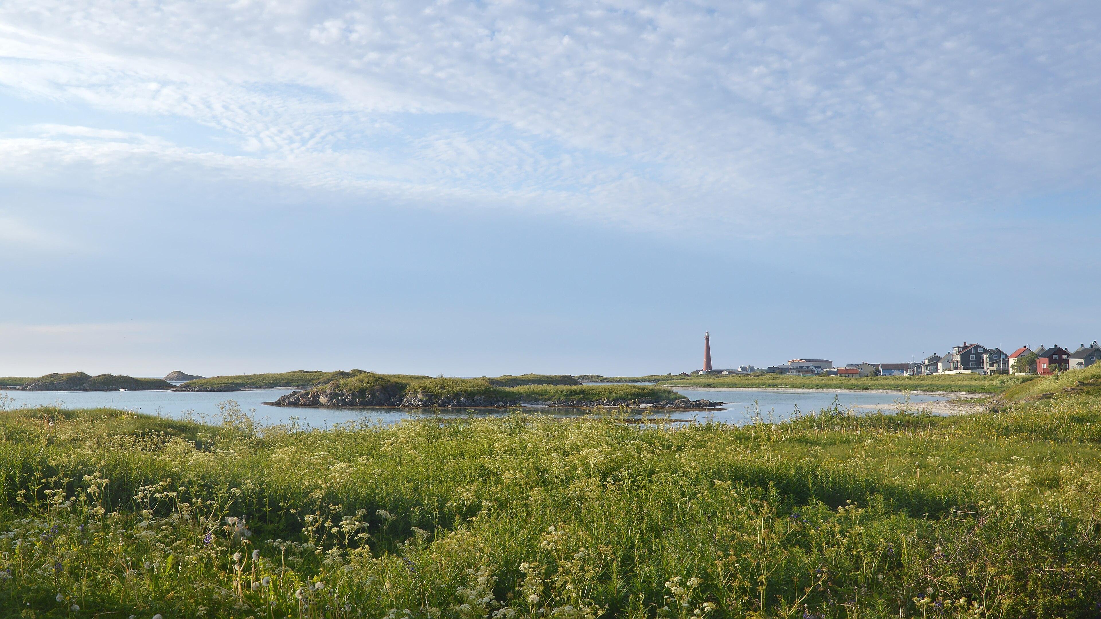 A photo of a plant covered shore and then water with multiple small green islands in it. There is a red lighthouse in the distance. The sky is filled with clouds.