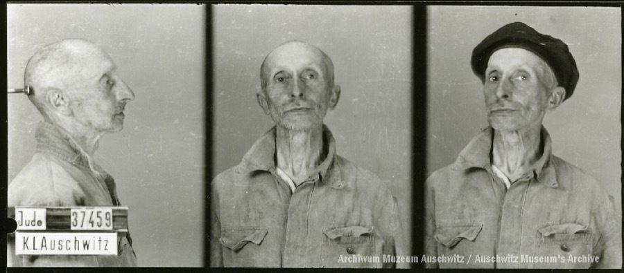 A mugshot registration photograph from Auschwitz. A man with a shaved head wearing a striped uniform photographed in three positions (profile and front with bare head and a photo with a slightly turned head with a hat on). The prisoner number is visible on a marking board on the left.