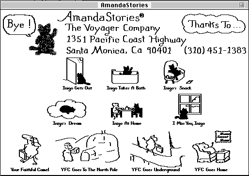 Old black and white HyperCard software AmandaStories running on Macintosh System 7 OS.