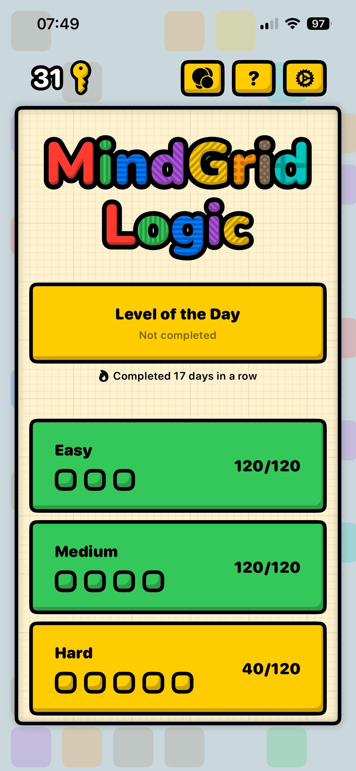 Screenshot of redesigned main screen of the game, featuring new level of the day, streak counter and completion progress of regular levels.
