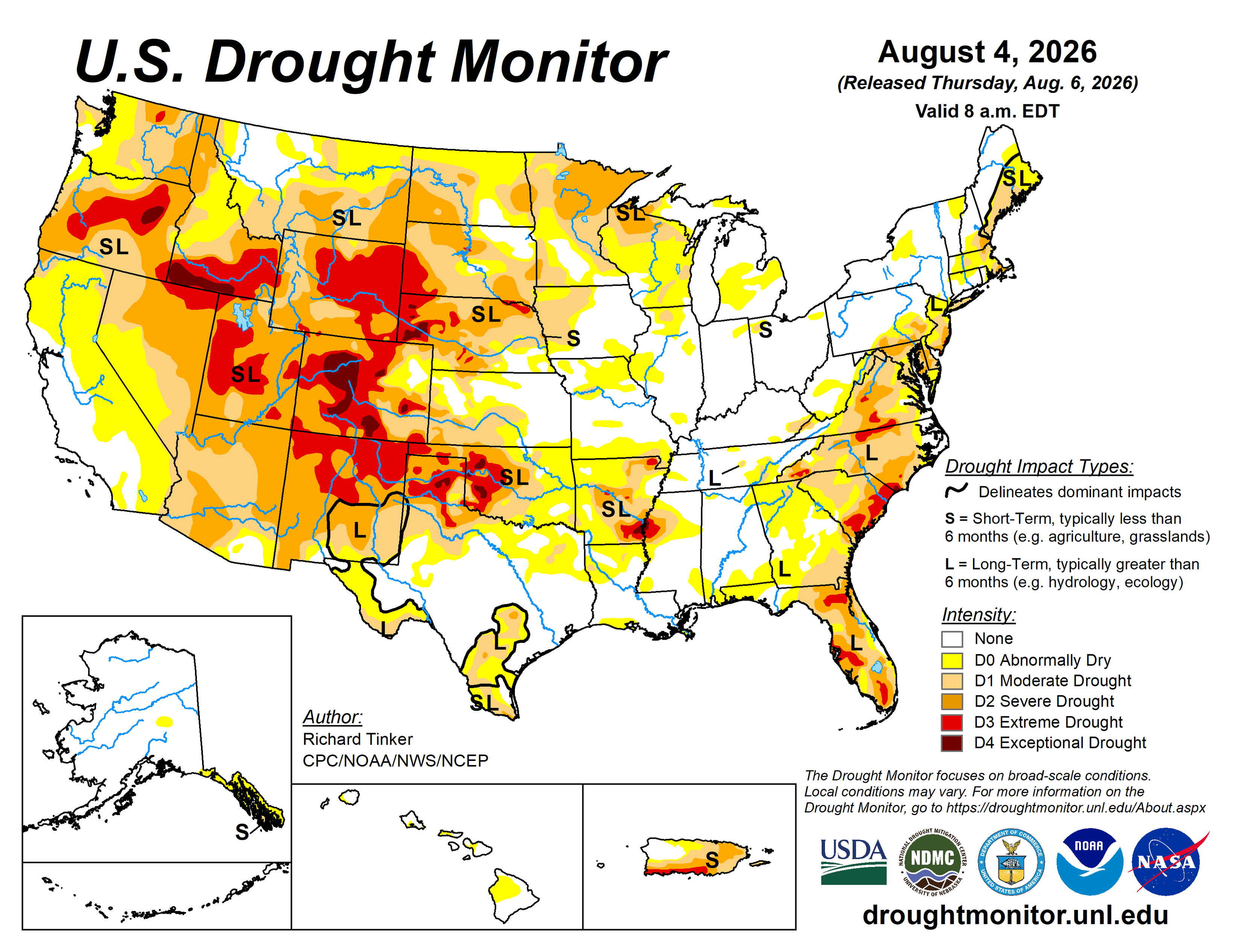 US Drought Monitor showing conditions for August 6, 2026. For more information and drought statistics, visit droughtmonitor.unl.edu.