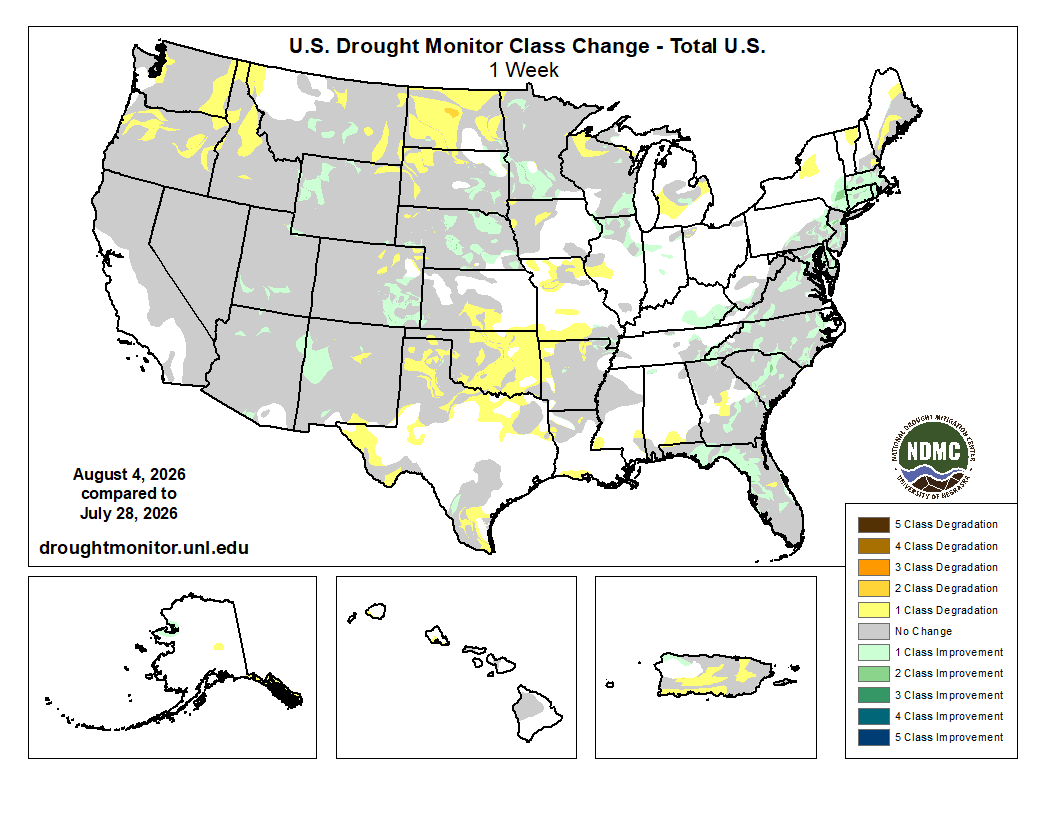 US Drought Monitor class change map comparing conditions from August 4 to July 28. For more information and statistics, visit https://go.unl.edu/change-maps