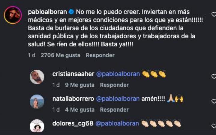 El comentario de Pablo Alborán en la publicación del diario El Salto en Instagram. (Instagram: @elsalto_and)