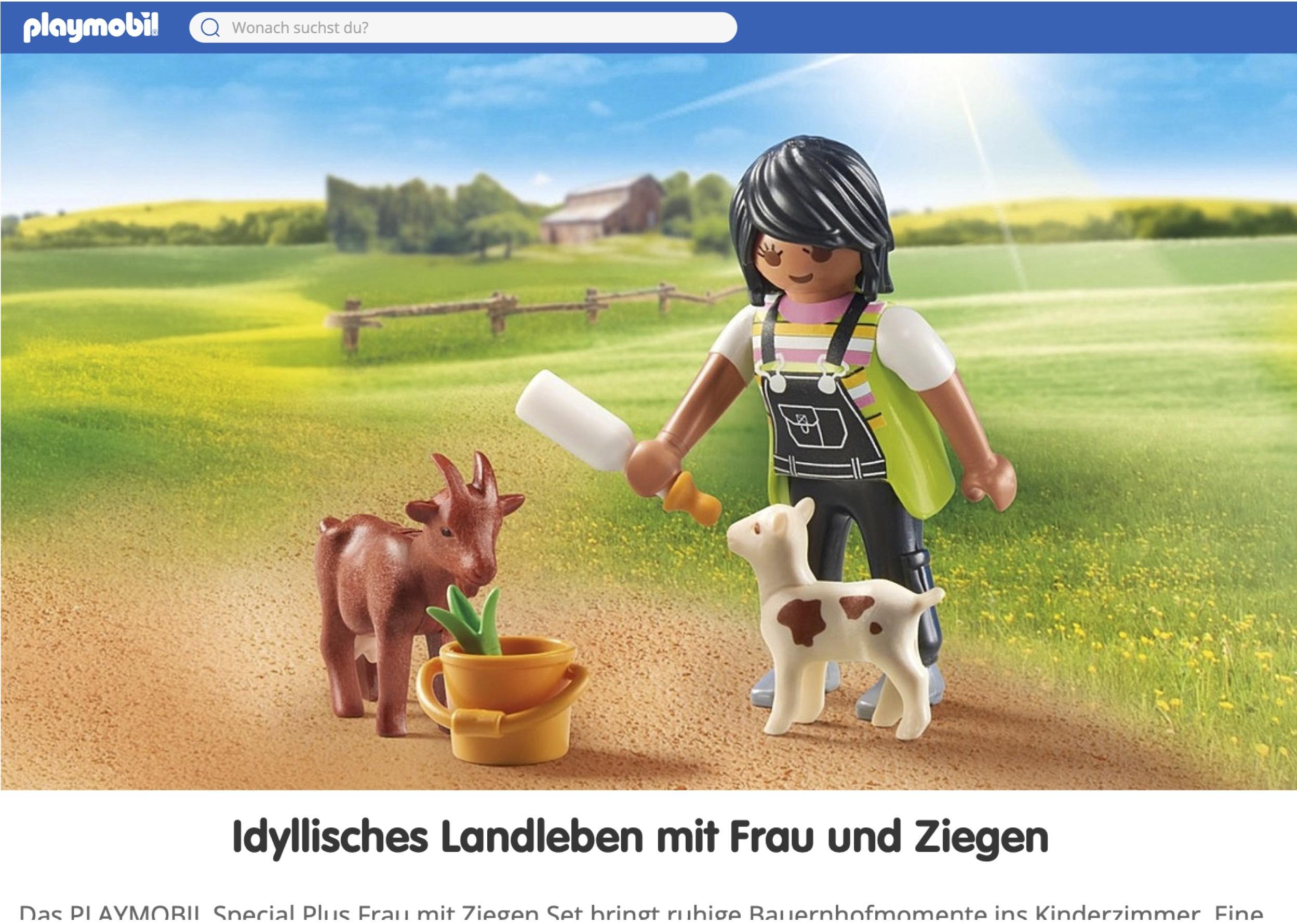 Die Playmobilwebseite fragt "Was suchst du" und darunter findet sich das Bild einer Szene mit Spielzeugfiguren als idyllisches Landleben betitelt, in der eine Frau mit Milchflasche kleine Ziegen füttert.