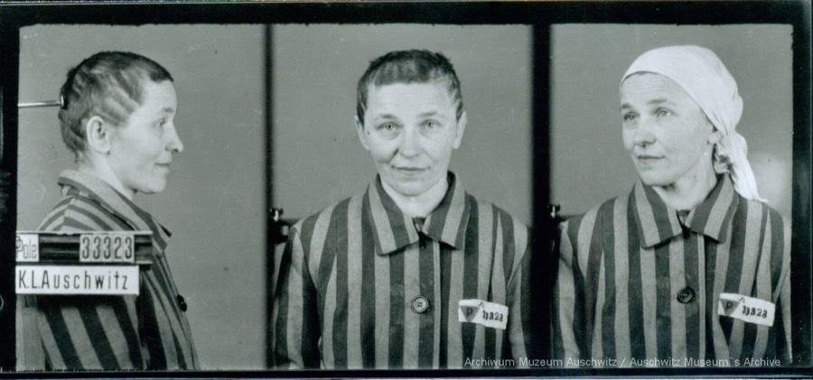A mugshot registration photograph from Auschwitz. A woman wearing a striped uniform photographed in three positions (profile and front with a bare head and a photo with a slightly turned head with a headscarf on). The prisoner number is visible on a marking board on the left.
