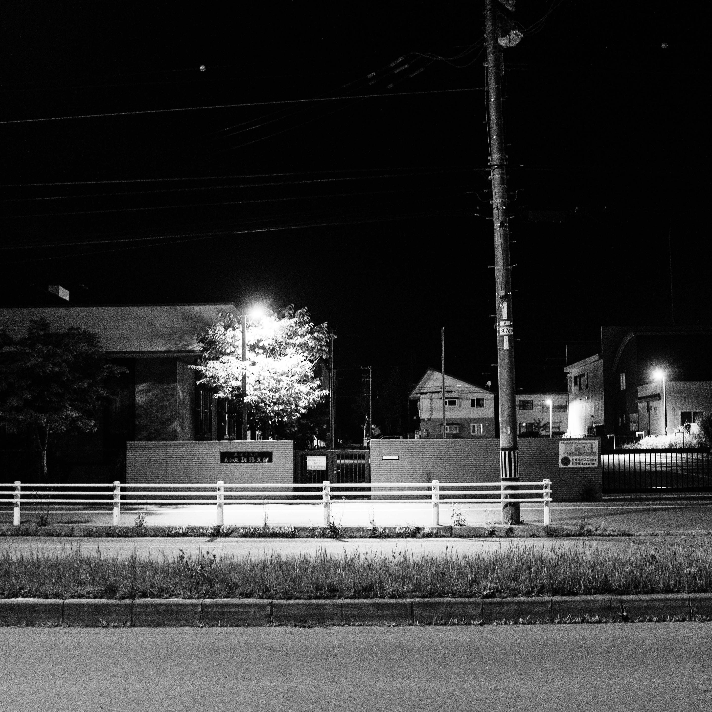 ​A black-and-white night photograph shows a paved street with a white guardrail in the foreground. A tall utility pole stands near the curb. Behind a low wall, a bright street light illuminates a leafy tree. Overhead wires stretch across the black sky above buildings.