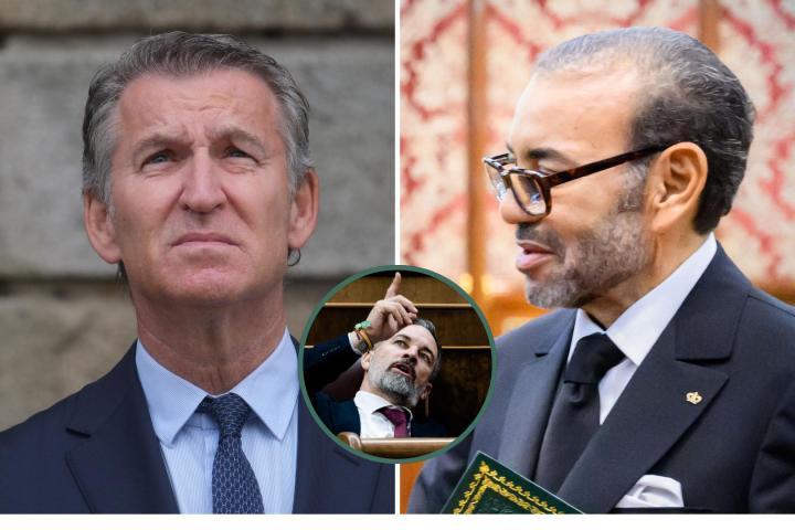 El líder del PP, Alberto Núñez Feijóo; el rey de Marruecos, Mohamed VI; y el líder de Vox, Santiago Abascal, en respectivas imagénes de archivo. (Getty Images)
