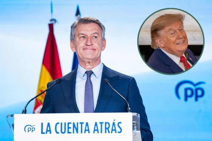 El presidente del PP y jefe de la oposición, Alberto Núñez Feijóo; con un detalle del presidente de EEUU, Donald Trump, en el círculo. (Getty Images)