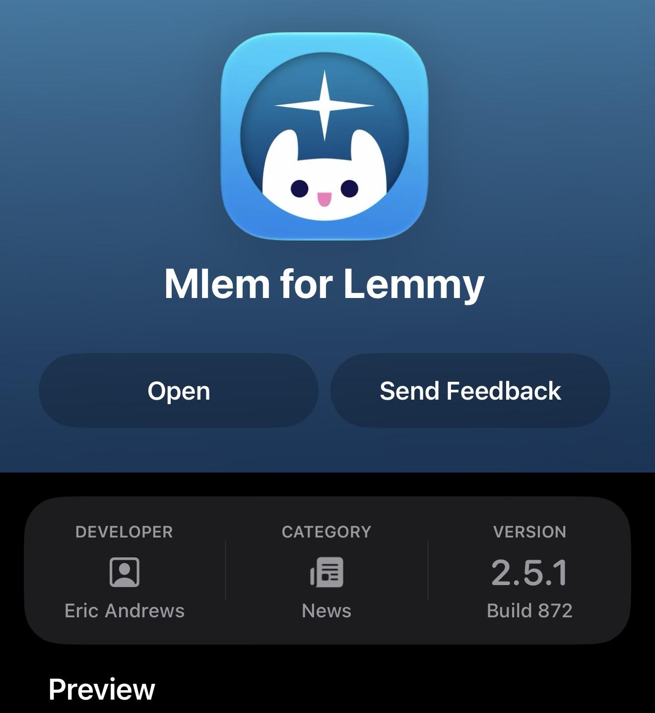 App icon for "Mlem for Lemmy" with options to open or send feedback; version 2.5.1 by developer Eric Andrews, categorized as News.