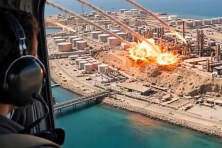 Captura del vídeo difundido por Donald Trump, presidente de EEUU, en sus redes sociales, mostrando un falso ataque a la isla de isla de Jarg (Kharg). (Donald Trump / Truth Social)