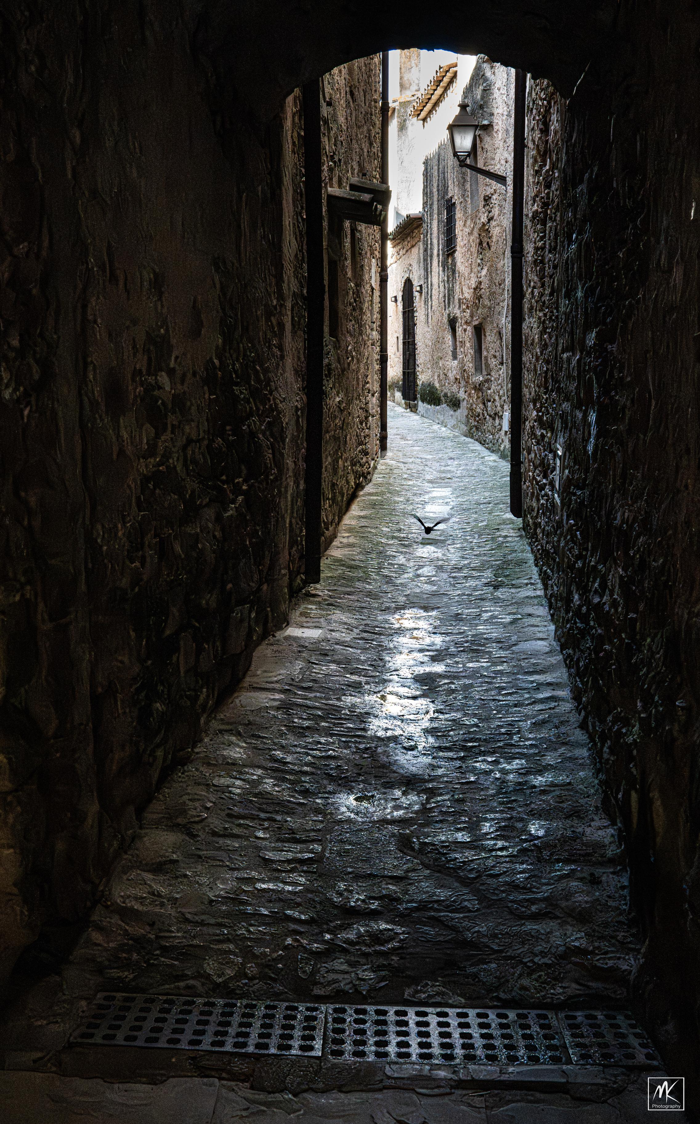 Color photo looking down a narrow covered stone passageway in a medieval Catalonian town.
