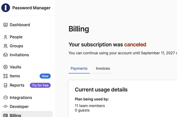 Screenshot from the 1password website that says "your subscription was canceled"