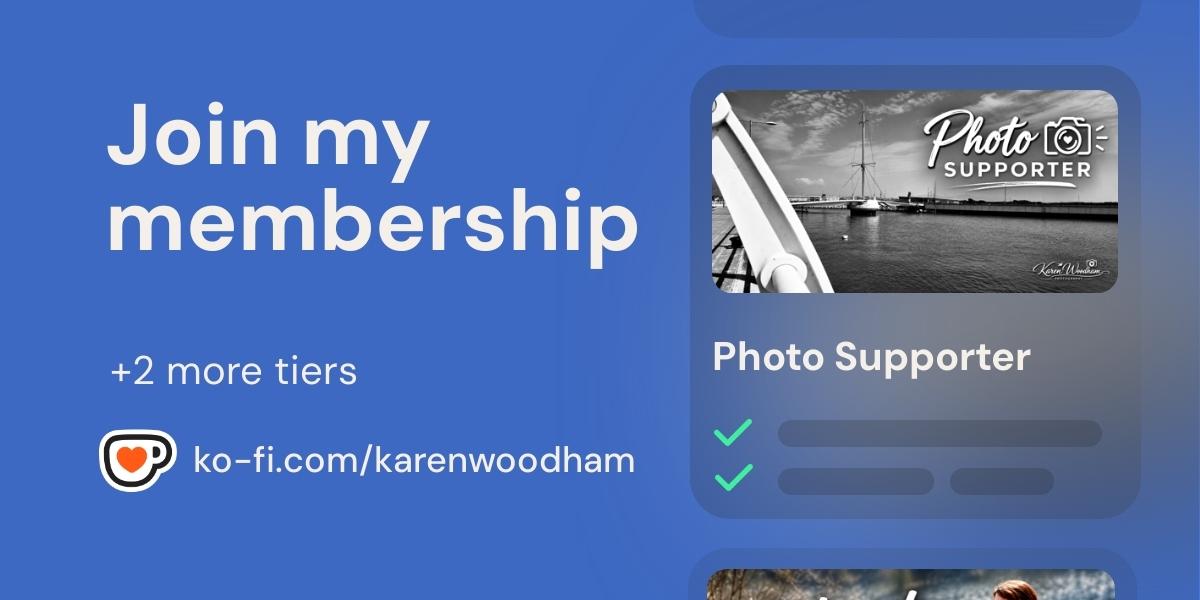 Membership call-to-action for a Ko-fi creator: large "Join my membership" header, a tier card labeled "Photo Supporter" with a black-and-white photo thumbnail and two green checkmarks, plus the link ko-fi.com/karenwoodham.