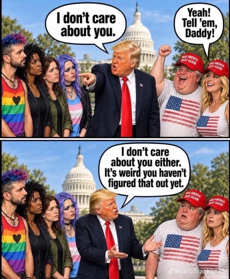 A satirical cartoon of trump confessing to Dem supporters that he doesn’t care about them as his own supporters cheer right before saying he doesn’t care about them either.