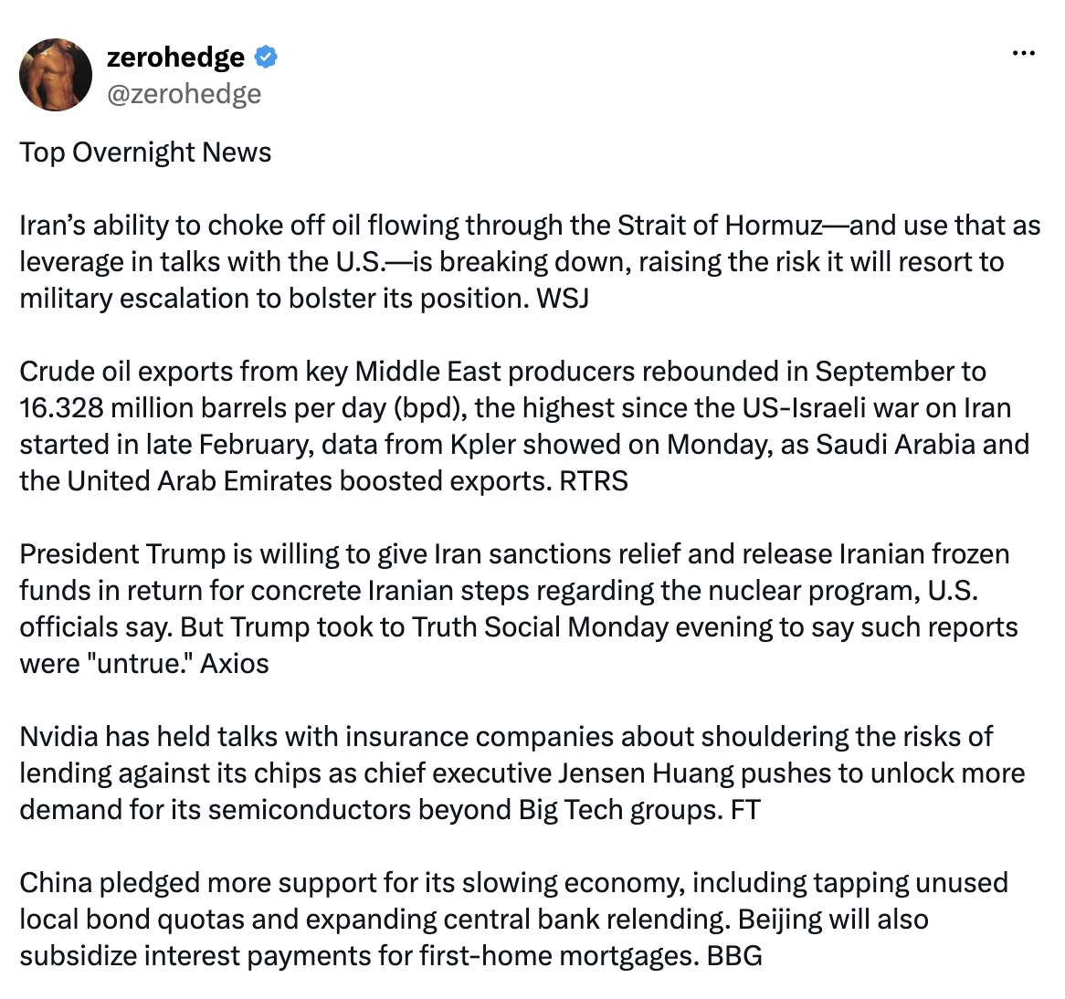 Top Overnight News

Iran’s ability to choke off oil flowing through the Strait of Hormuz—and use that as leverage in talks with the U.S.—is breaking down, raising the risk it will resort to military escalation to bolster its position. WSJ

Crude oil exports from key Middle East producers rebounded in September to 16.328 million barrels per day (bpd), the highest since the US-Israeli war on Iran started in late February, data from Kpler showed on Monday, as Saudi Arabia and the United Arab Emirates boosted exports. RTRS

President Trump is willing to give Iran sanctions relief and release Iranian frozen funds in return for concrete Iranian steps regarding the nuclear program, U.S. officials say. But Trump took to Truth Social Monday evening to say such reports were "untrue." Axios

Nvidia has held talks with insurance companies about shouldering the risks of lending against its chips as chief executive Jensen Huang pushes to unlock more demand for its semiconductors beyond Big Tech grou