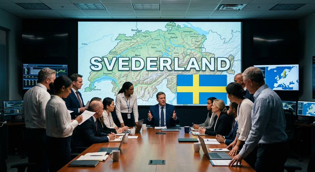 una control room americana che si sta riunendo mentre sullo sfondo c'è la mappa della svizzera ma con la scritta "SVEDERLAND" e la bandiera svedese