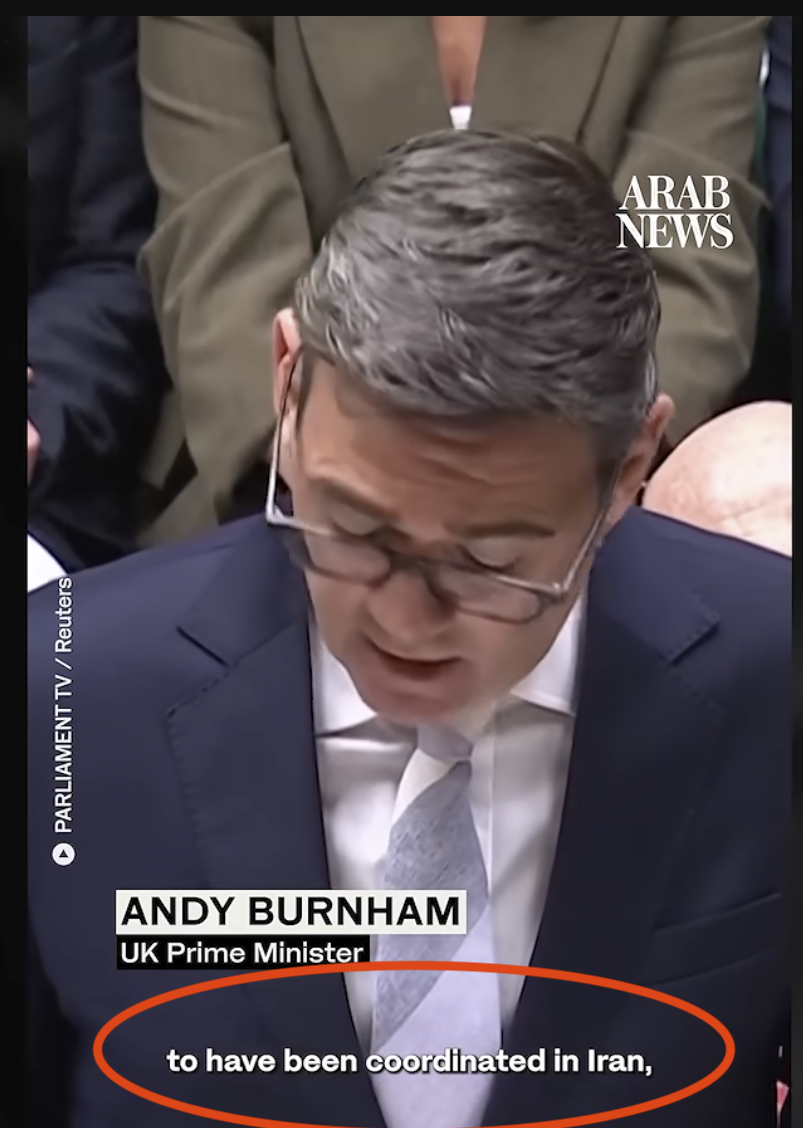 burnham in parliament saying iran is highly likely behind the fairford thing