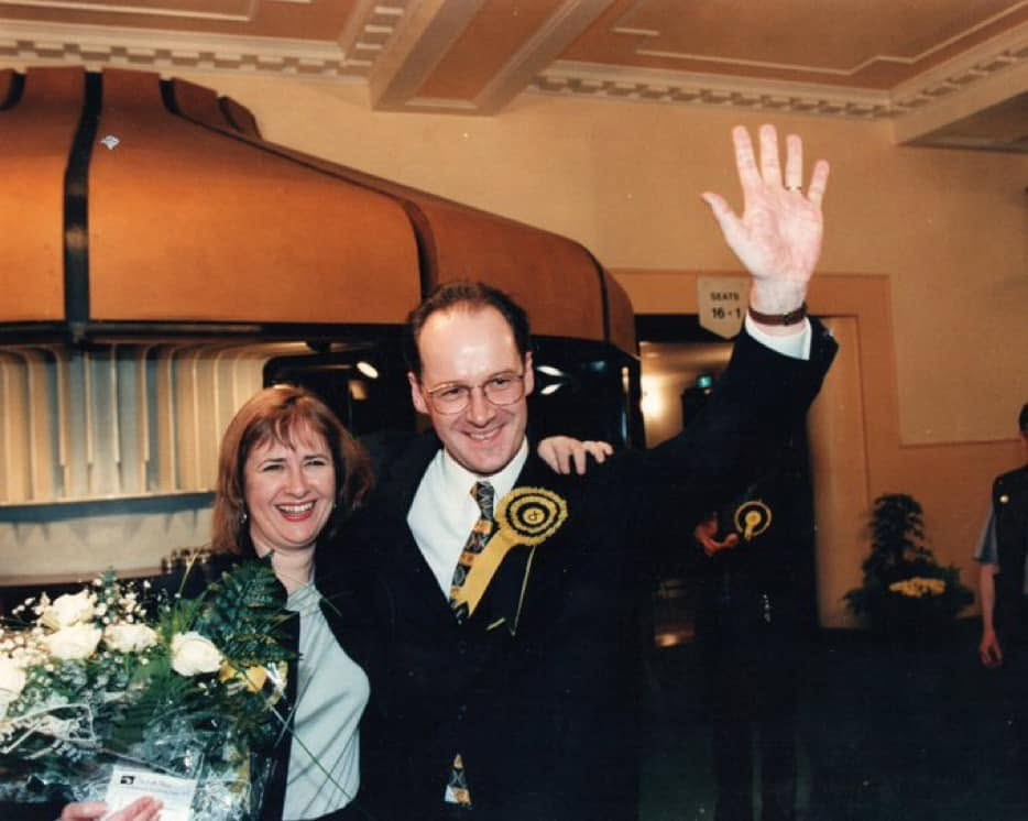 Roseanna Cunningham and John Swinney on election night 1997 when he "beat the Tory"