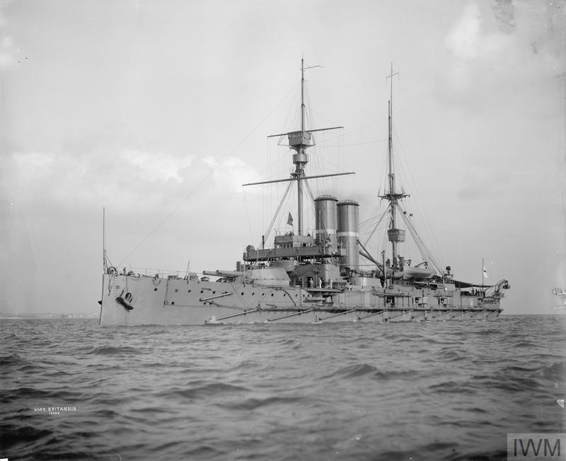 At the outbreak of the First World War in August 1914, Britannia was assigned to the Grand Fleet. During 1916, she served in the Mediterranean and Adriatic before transferring to Atlantic patrol and convoy escort duties in 1917.
On 9 November 1918, while operating off Cape Trafalgar, Britannia was torpedoed by the German submarine UB-50. The attack caused extensive flooding and a fire in an ammunition magazine. Although most of her crew escaped, 50 men were killed and approximately 80 injured.