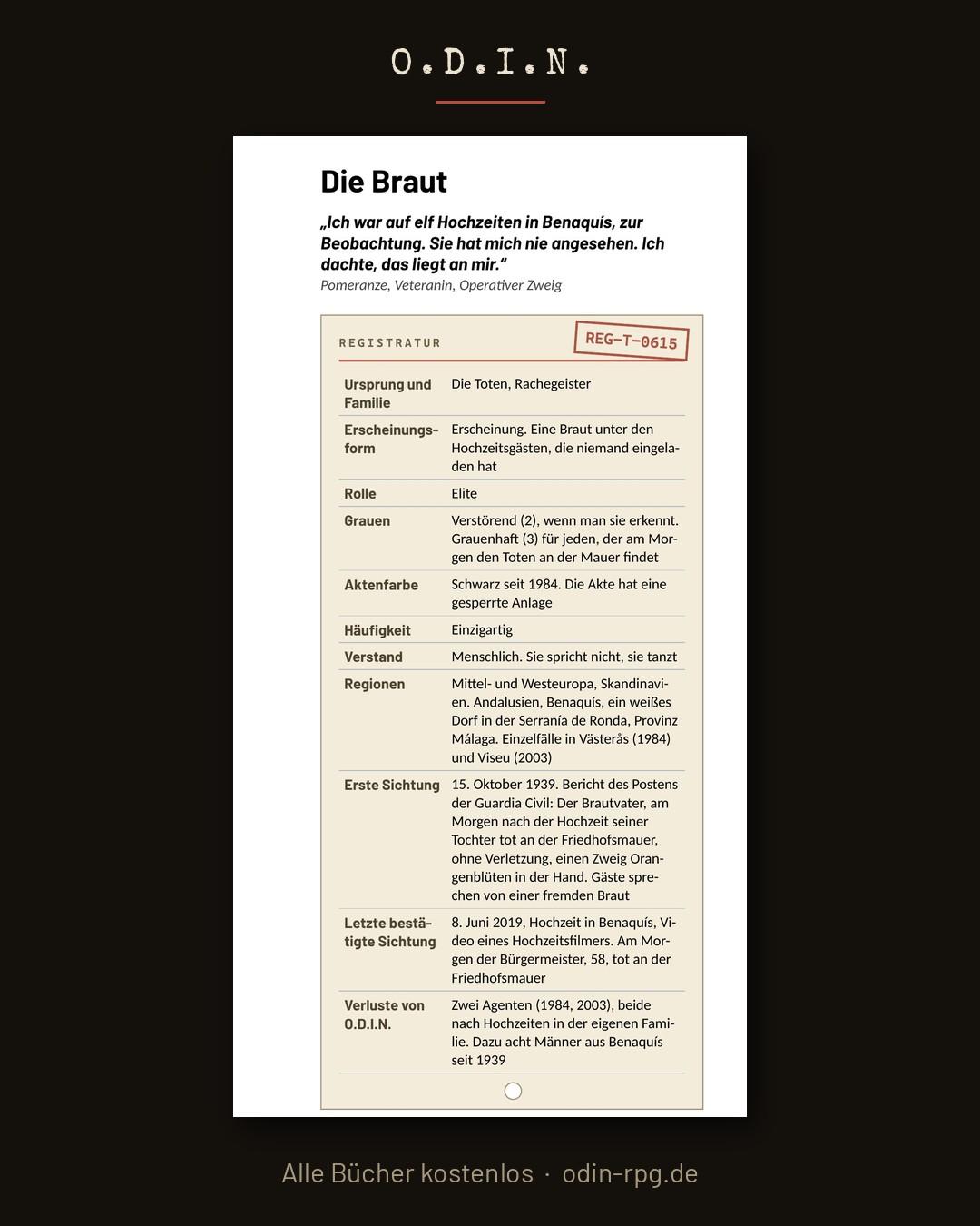 Karteikarte aus Band 22, Die Registratur: Die Braut, REG-T-0615, mit Zitat und Registerfeldern.