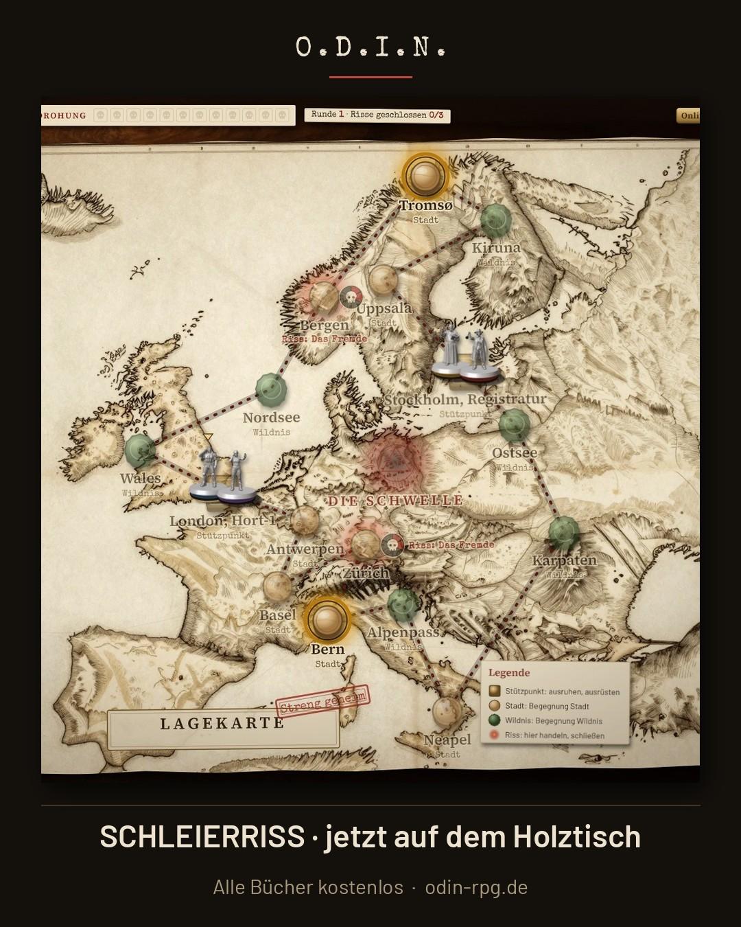 Bildschirmfoto aus Schleierriss im Browser: eine gezeichnete Lagekarte von Europa auf einem Holztisch, Miniaturen der Agenten stehen in London und Stockholm, Bern und Tromsø leuchten als erreichbare Ziele, links der Bogen des Agenten Brandt, rechts das Einsatzprotokoll.