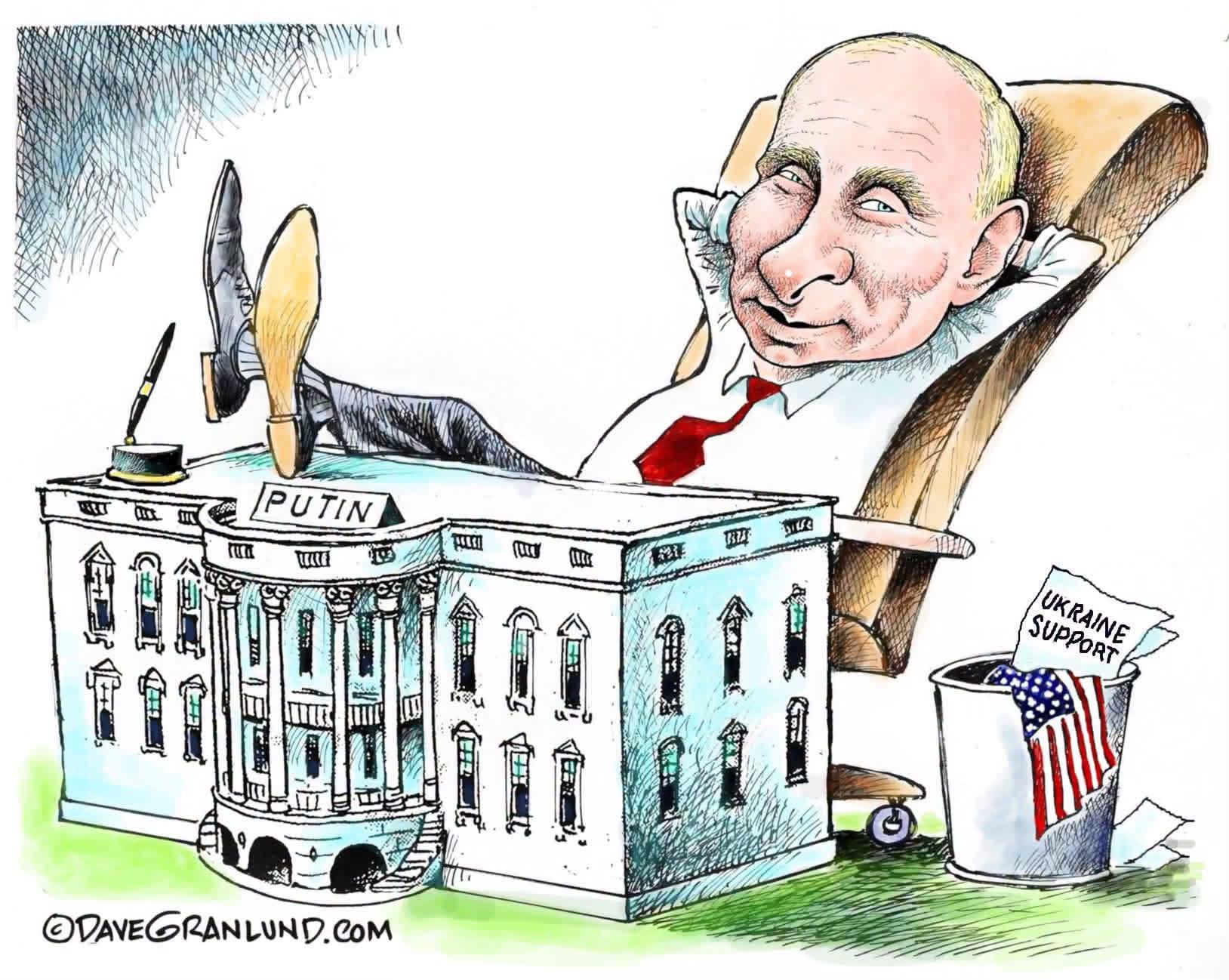 A cartoon depicting Vladimir Putin kicked back in an office chair with his feet on the roof of the White House, a trash can on the right with an American flag hanging over the side of the trash can next to a document labeled “Ukraine support”