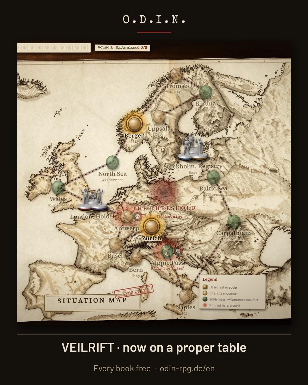 Screenshot of Veilrift in the browser: a hand-drawn Situation Map of Europe on a wooden table, agent miniatures in London and Stockholm, Bergen and Zurich glowing as reachable locations, Raven's agent sheet on the left and the mission log on the right.