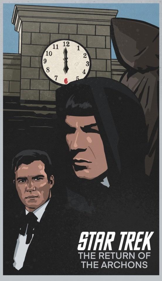 Poster in a realistic comic style showing Kirk in turn of the century townie wear, and Spock in a hooded cloak. Close in the background is a clocktower with the 6 printed in red. The rest of the picture is virtually monochrome with only subdued color contrast.