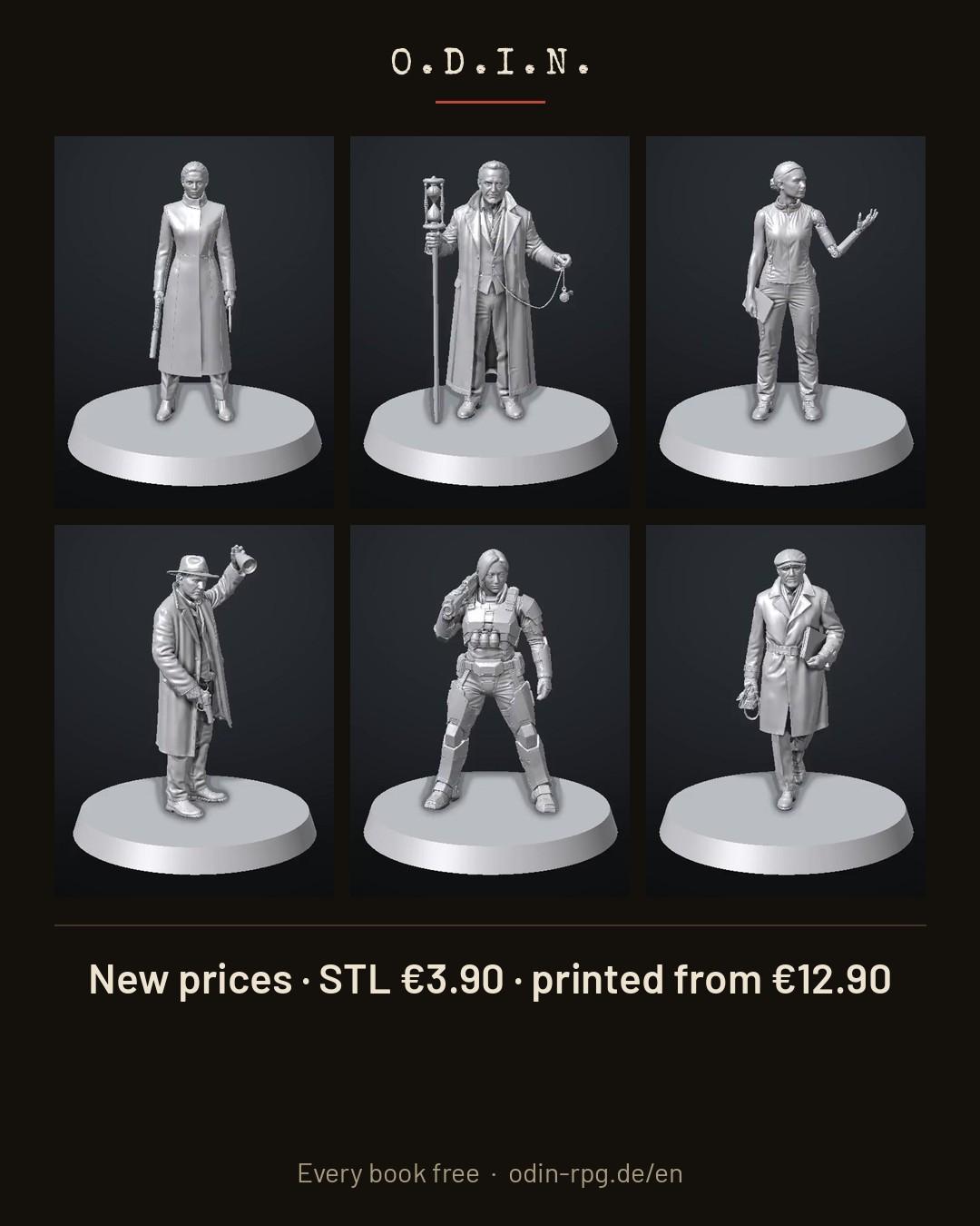 Six unpainted grey miniatures on round bases: an Assassin in a long coat, a Chronomancer with an hourglass staff and pocket watch, a Cyberneticist with a prosthetic arm, a detective in a hat raising a bell, an armoured Stormbreaker, a Spy with a flat cap and folder.