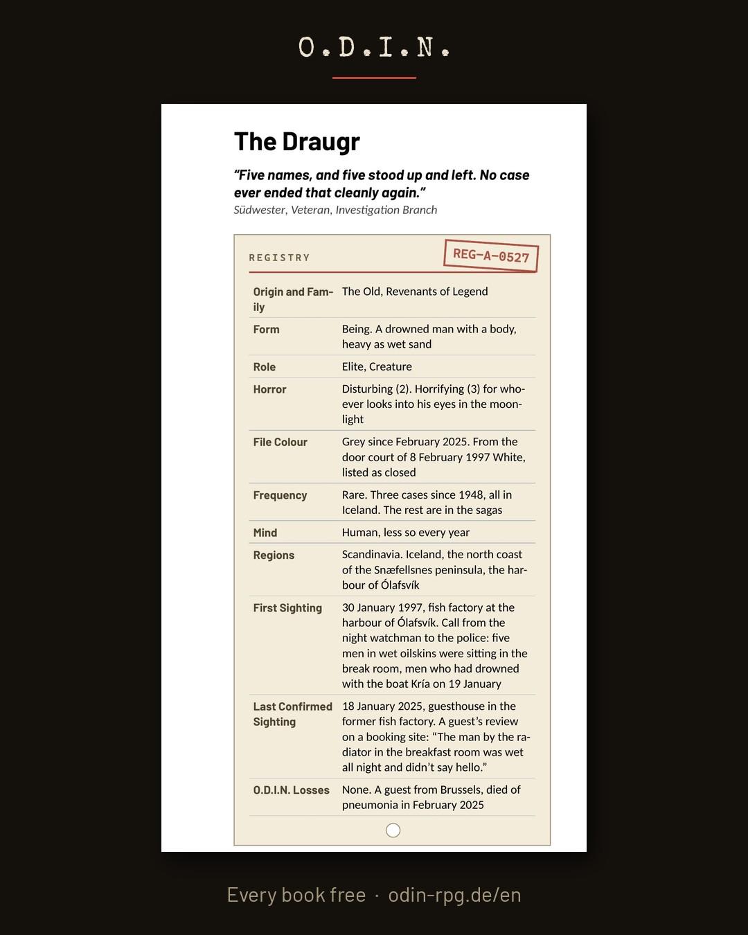 Index card from Volume 22, The Registry: The Draugr, REG-A-0527, with a quote and registry fields.