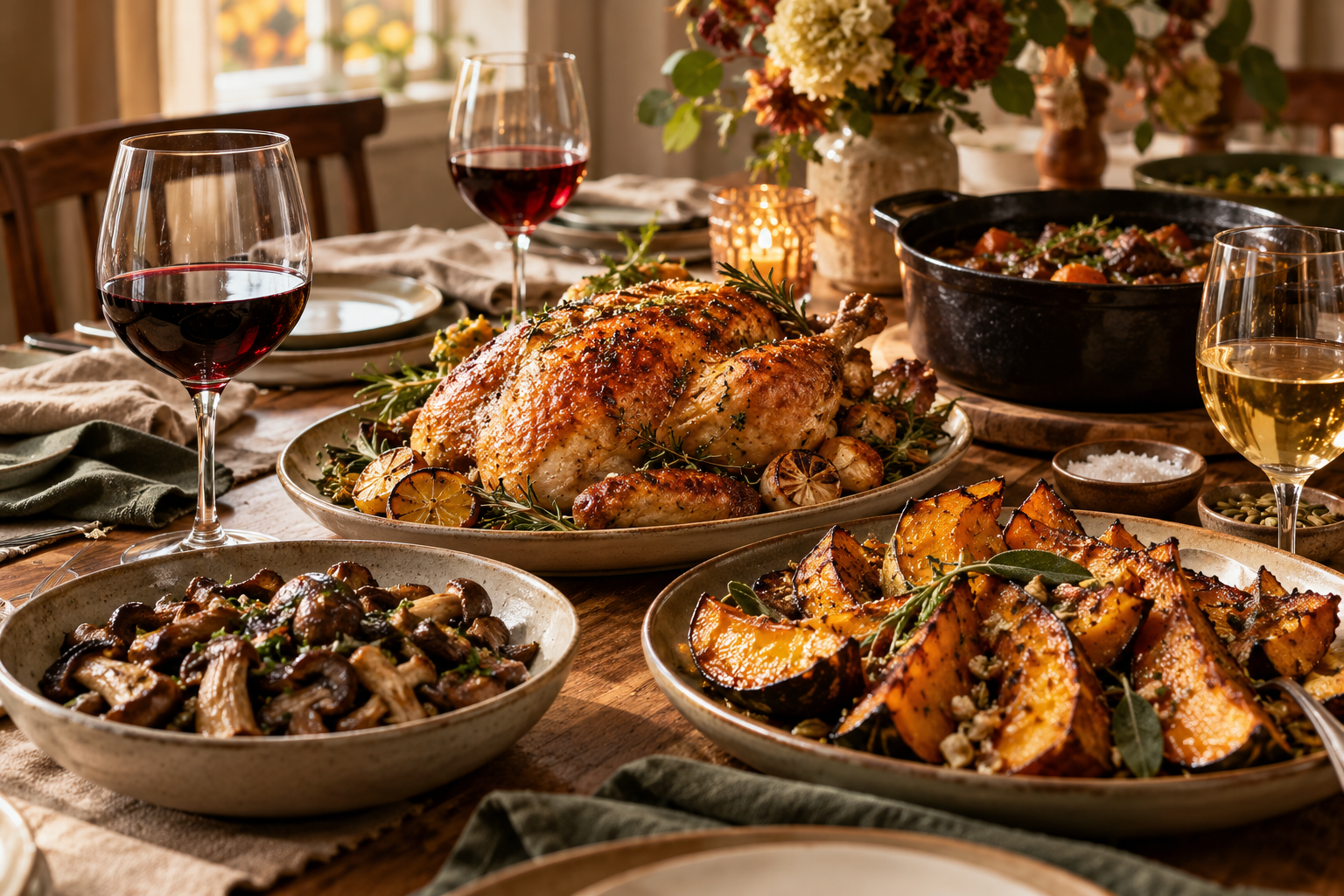 Autumn dinner table with roast chicken, roasted squash, mushrooms, a rich stew and glasses of red and white wine in warm late-afternoon light.