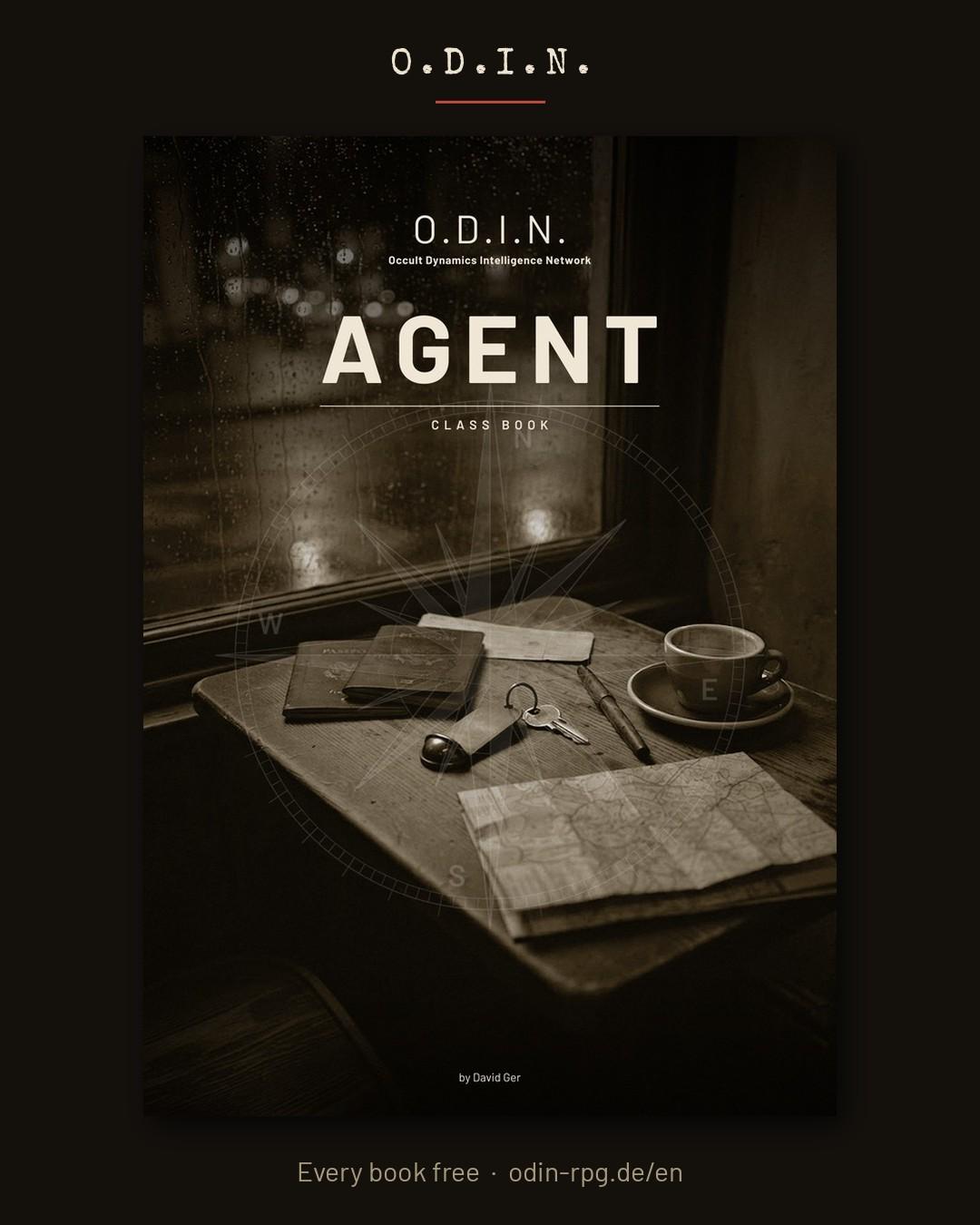 Cover of the Class Book Agent: a wooden table by a rain-streaked window with an ID wallet, keys, a pen, a cup of coffee and a folded map, in sepia.
