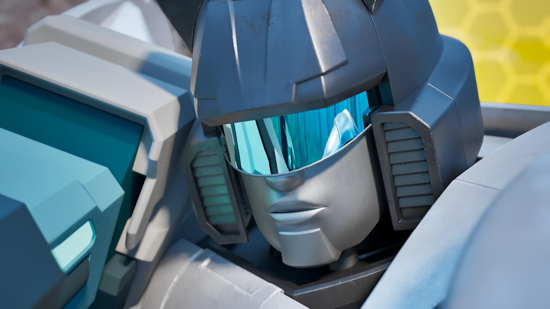 Autobot Jazz looks down the barrel of a weapon with a serious serene expression inside a yellow program in Transformers: CYBERWORLD.