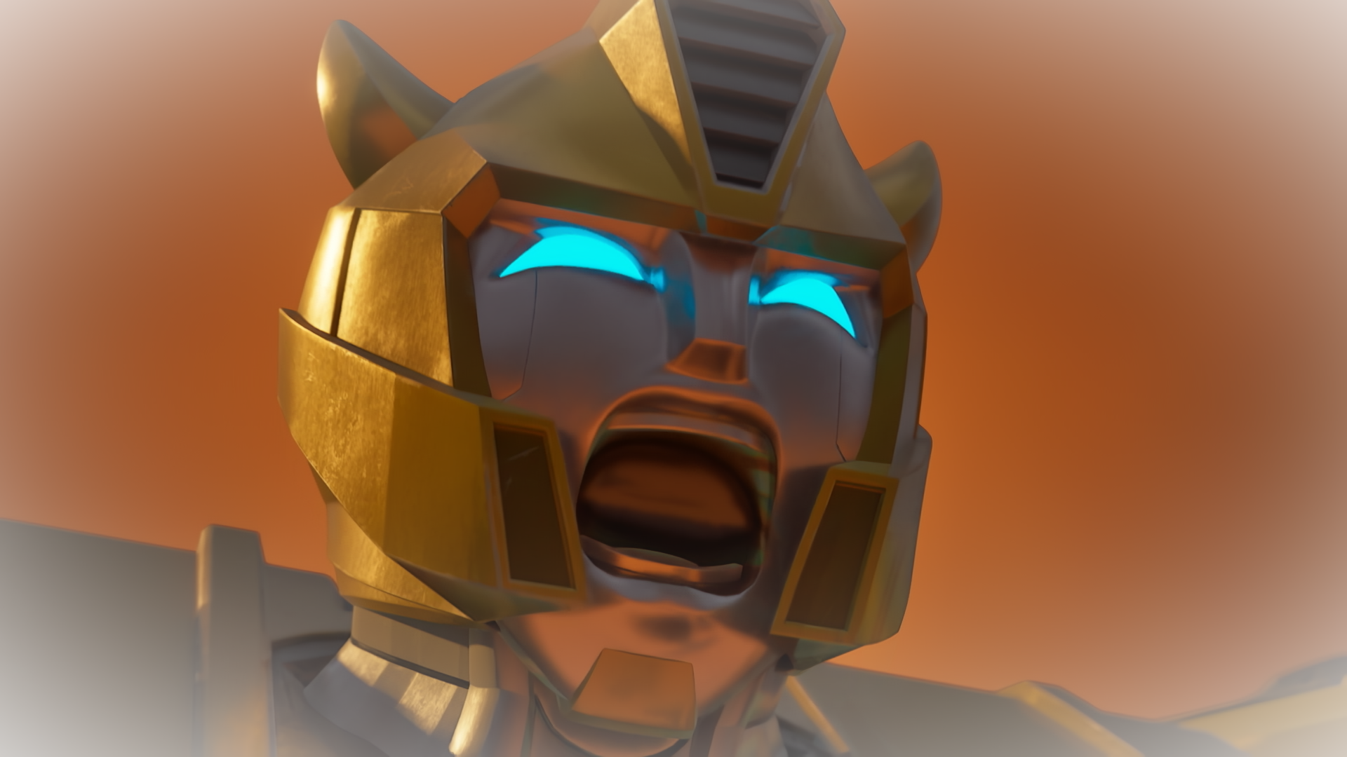 Close up of Bumblebee screaming in fury in an empty orange space on Transformers: CYBERWORLD.