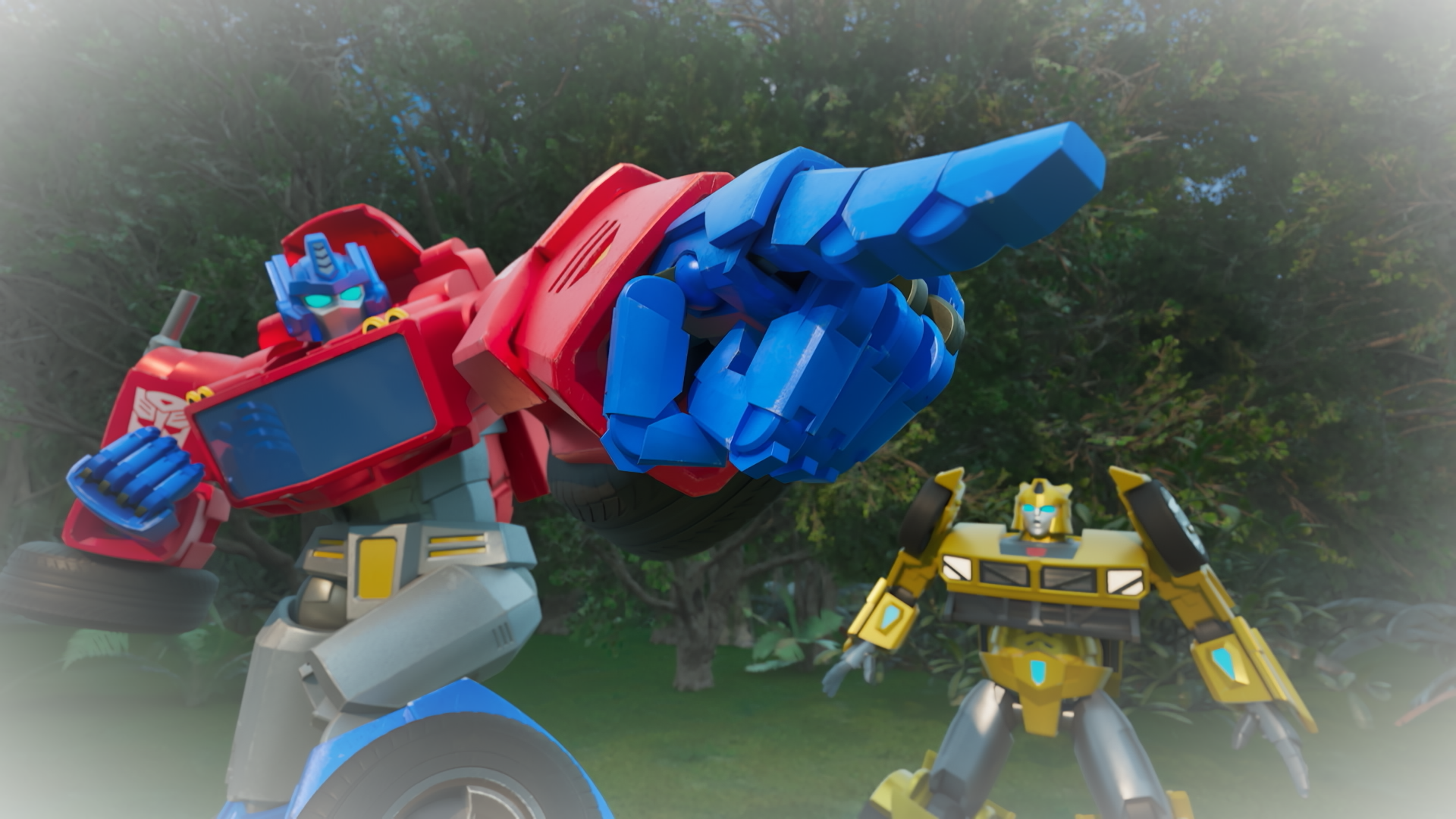 Optimus Prime points dramatically and exaggeratedly past the camera as Bumblebee looks on, in Transformers: CYBERWORLD.