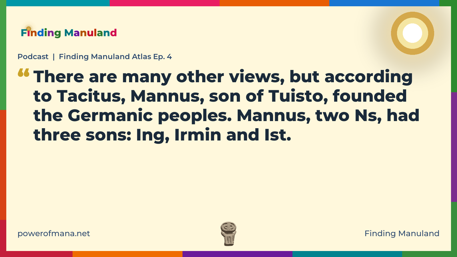 Quote card for the Finding Manuland podcast “Finding Manuland Atlas Ep. 4” (powerofmana.net). The card reads: There are many other views, but according to Tacitus, Mannus, son of Tuisto, founded the Germanic peoples. Mannus, two Ns, had three sons: Ing, Irmin and Ist. Link: https://open.spotify.com/show/67BUBYhxeLDX8dgZFzP7U9