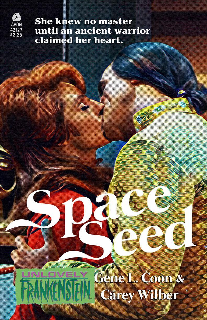 Artist: Unknown (at Unlovely Frankenstein)
Source: https://unlovelyfrankenstein.com/products/space-seed-11x17-art-print-star-trek-harlequin-romance-novel-mashup-poster
A false novel cover for the Star Trek episode Space Seed, featuring Khan, with a man bun and fitted shimmering gold shirt, kissing StarFleet Lt Marla McGivers.