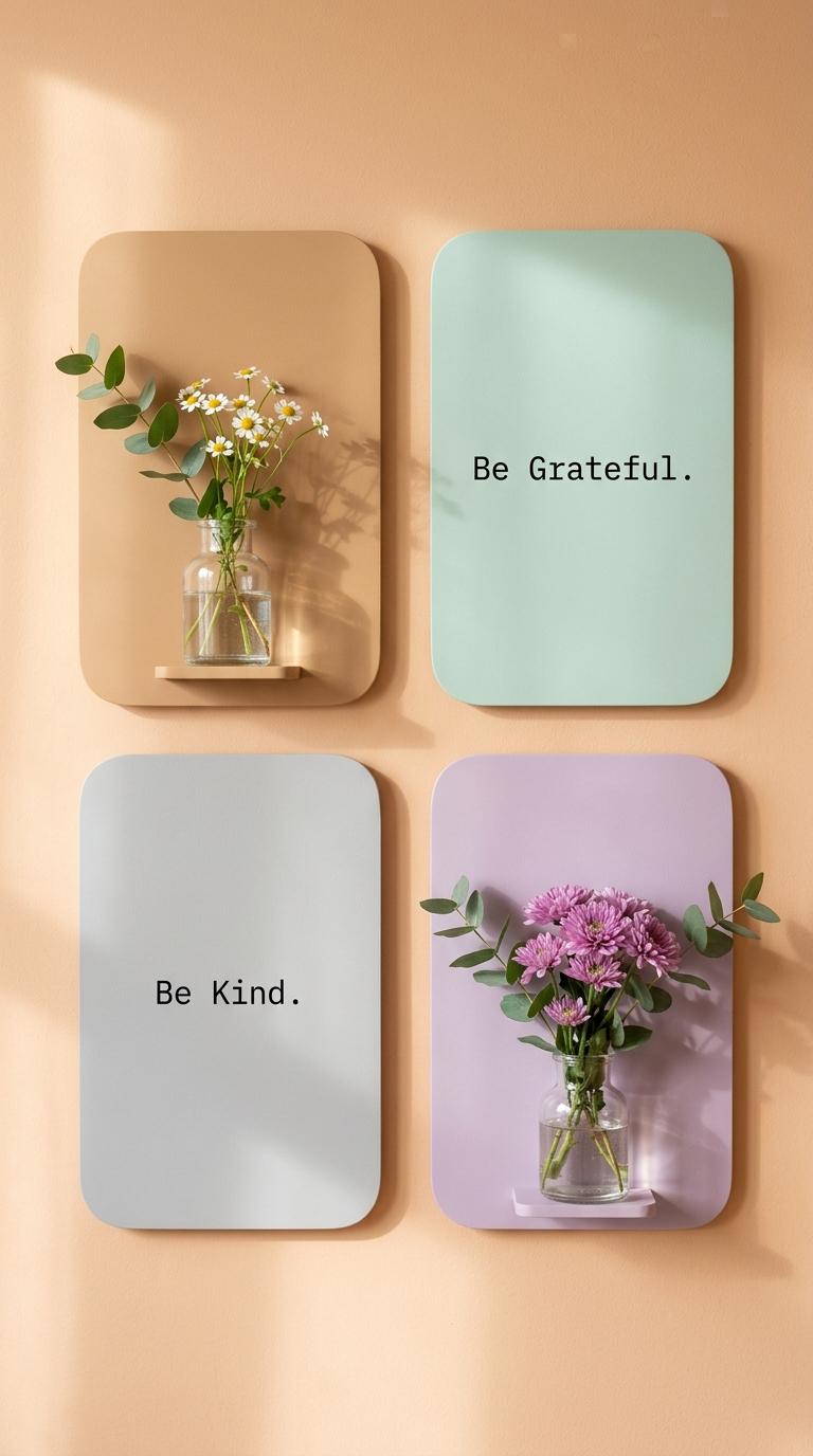 Pastel colored floral wallpapers with 'Be Kind' and 'Be Grateful' text on a soft peach background.
