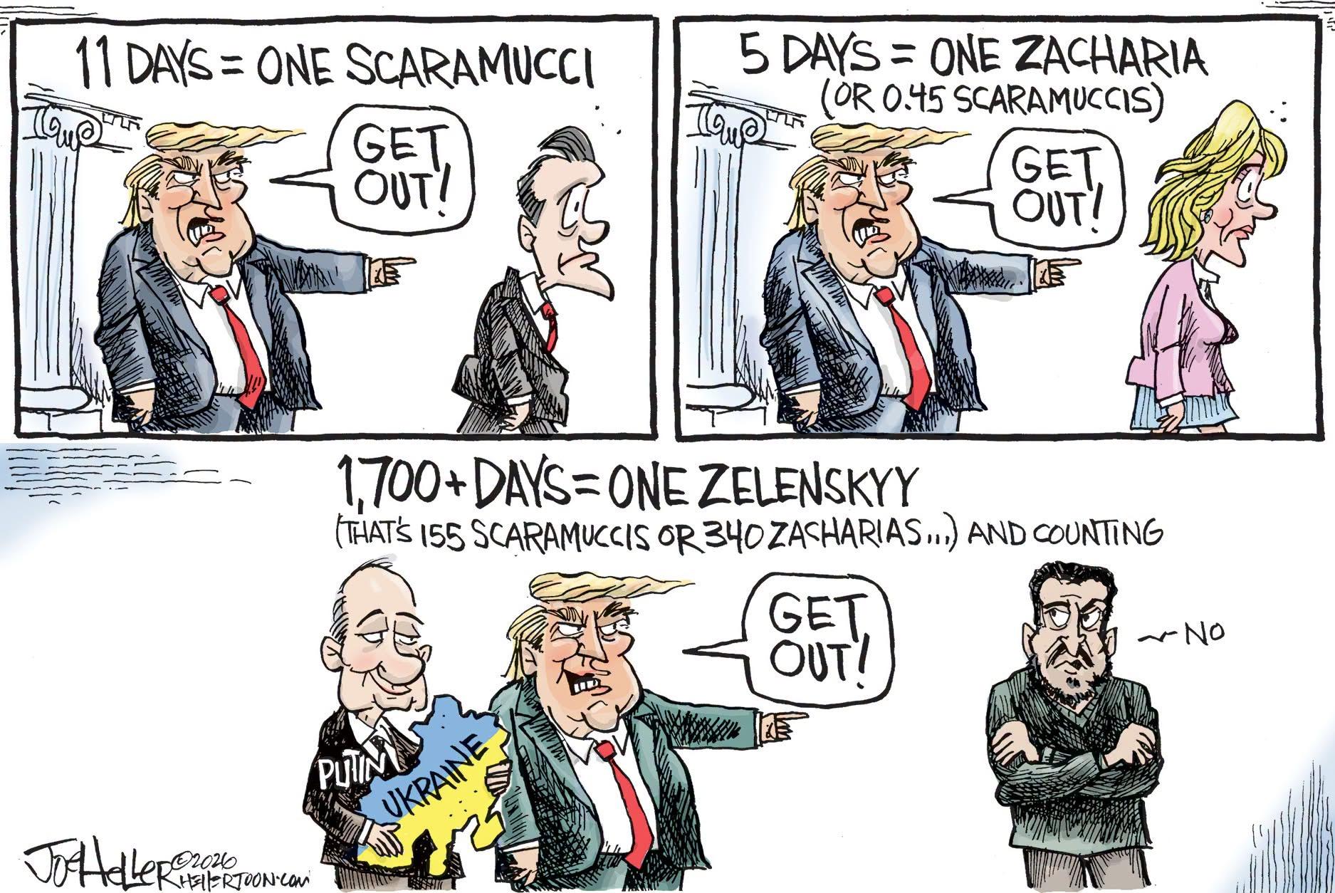 A cartoon with three panels, the first depicting tRump and Steve Scaramucci during tRump’s first term, tRump telling Scaramucci to get out and a caption at the top of the panel says “11 days = one Scaramucci.” The second panel has tRump telling Katie Zacharia to get out after five days (or 0.45 Scaramuccis). The third panel depicts tRump and Putin on the left, Putin holding in his arms Ukraine and tRump yelling at Ukrainian president Zelenskyy to get out, the caption at the top saying “1,700+day