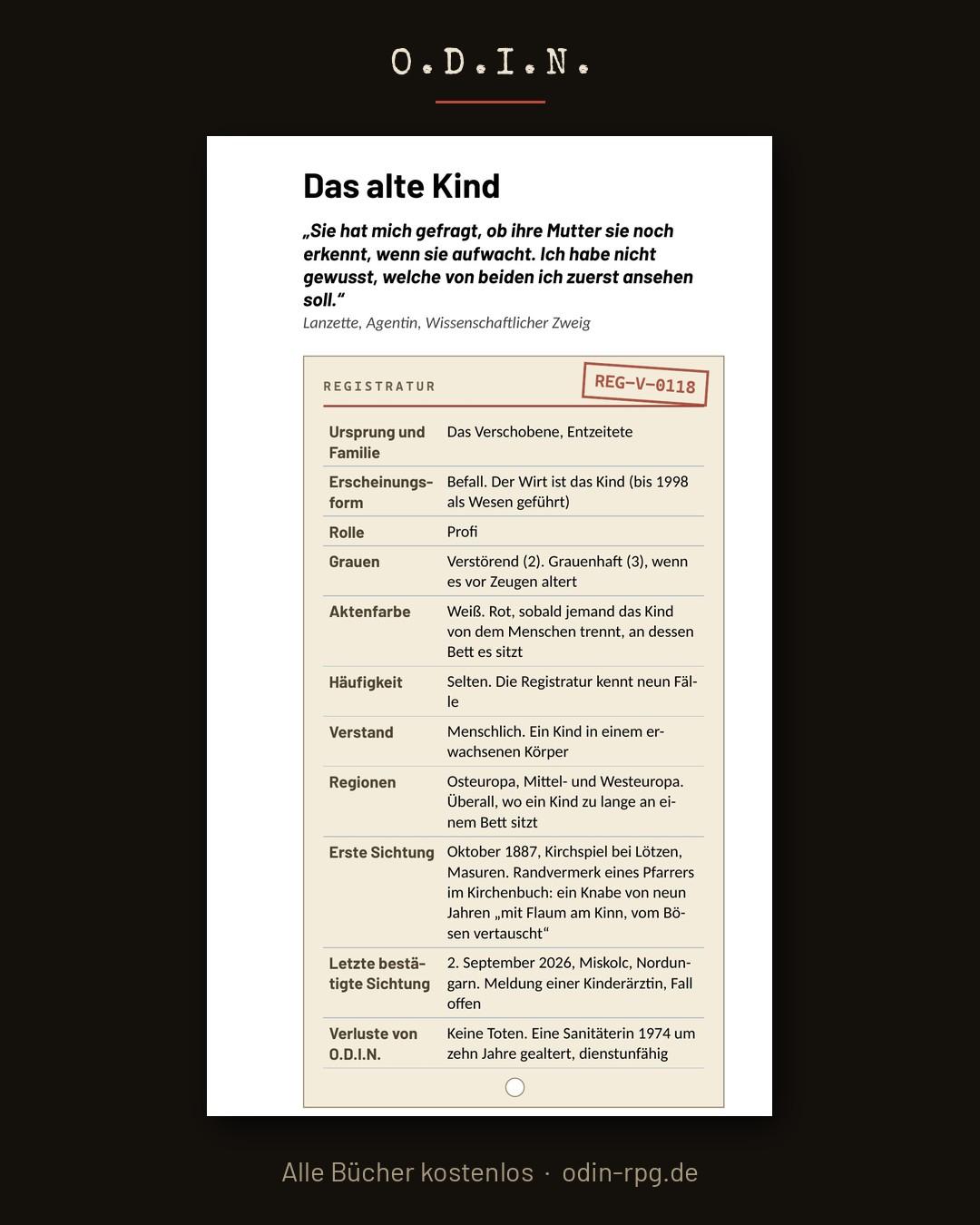 Karteikarte aus Band 22, Die Registratur: Das alte Kind, REG-V-0118, mit Zitat und Registerfeldern.